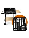 JARDIN202 - Barbacoa Rectangular de Carbón con Parrilla Cromada Arizona | Ruedas para Transporte | Bandeja de Madera | Grill Exterior | (Set BBQ + Juego 13pcs)