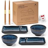 Urban Lifestyle Set Sushi Japonés para 2 Personas MISAKI Vajilla de Cerámica con Esmalte Reactivo, 2 Platos Sushi, 2 Cuencos para Arroz Sushi y Sopa Miso, 2 Palillos Japoneses (Azul Marino)