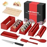 SKYSER Kit Sushi 12 Piezas Rojo– Sushi Kit para Hacer Sushi en Casa | con Moldes Nigiri, Esterillas de Bambú, Cuchillo – kit sushi completo principiantes