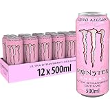 Monster Energy Ultra Strawberry, Bebida Energética Sin Azúcar, 12 x 500 ml | Refresco energético zero azúcar con cafeína, taurina, ginseng, vitaminas B, sabor suave a frutos rojos, energía prolongada