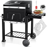 KESSER® Parilla de Carbón con Carrito Grill con Tapa, Ruedas, Mango de Acero Inoxidable | Barbacoa y Termómetro Carbón Grande BBQ Asador Camping, Terraza, Jardín XL Negro